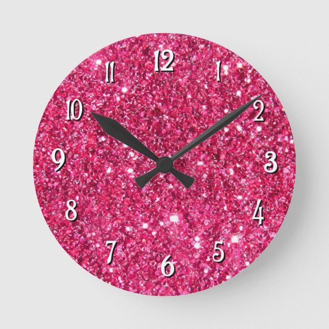 Glamour Hot Pink Glitter Round Clock (Front)
