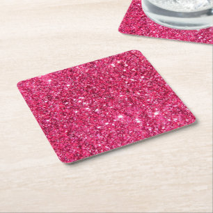 Glamour Hot Pink Glitter Square Paper Coaster