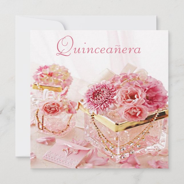 Glamour Jewels, Pink Flowers & Boxes Quinceanera Invitation (Front)