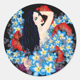 Glamour Model in Poppy flower bed, ART by LeahG Classic Round Sticker