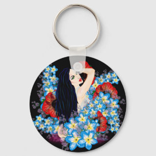 Glamour Model in Poppy flower bed, ART by LeahG Key Ring