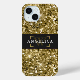 Glamour Monogrammed Sparkle Metallic Gold iPhone 15 Case