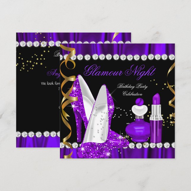 Glamour Night glitter Purple Gold Black Party 3 Invitation (Front/Back)