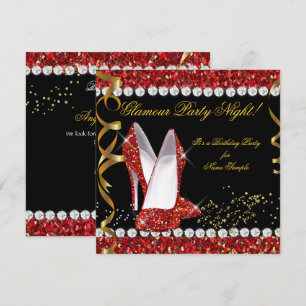 Glamour Party Night Red Glitter Gold Black Shoes Invitation
