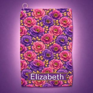 Glamour Pink and Purple Flowers Personalised Golf Towel