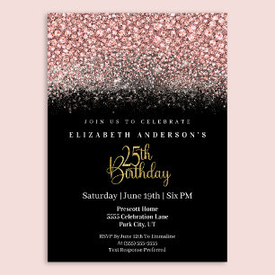 Glamour Pink Jeweled Glitter 25th Birthday Invitation