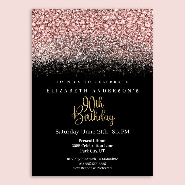 Glamour Pink Jeweled Glitter 90th Birthday Invitation (Creator Uploaded)