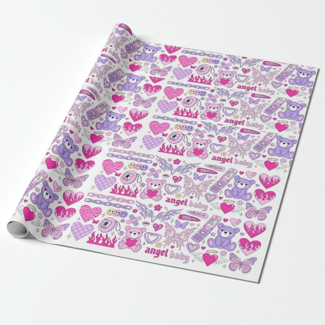 Glamour pink stickers in trendy emo goth 2000s-sty wrapping paper (Unrolled)