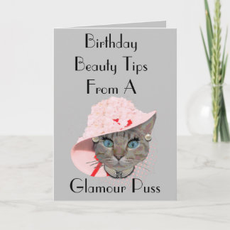 glamour puss big pink hat funny grey cat birthday card