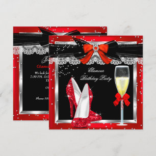 Glamour Red Glitter Heels Silver Champagne Party 2 Invitation