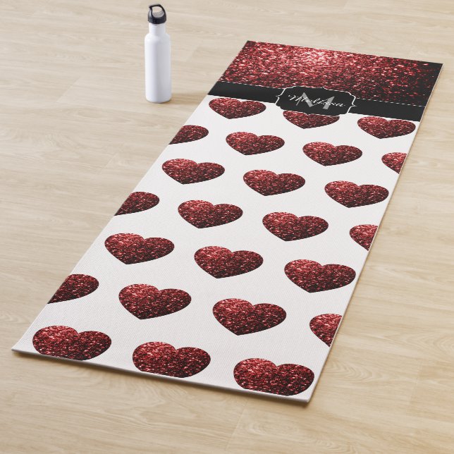 Glamour Red Glitter sparkle Heart pattern Monogram Yoga Mat (In Situ)