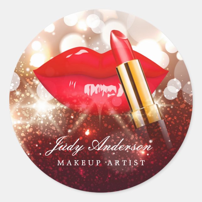 Glamour Red Lips Gold Glitter Sparkle Makeup Artis Classic Round Sticker (Front)
