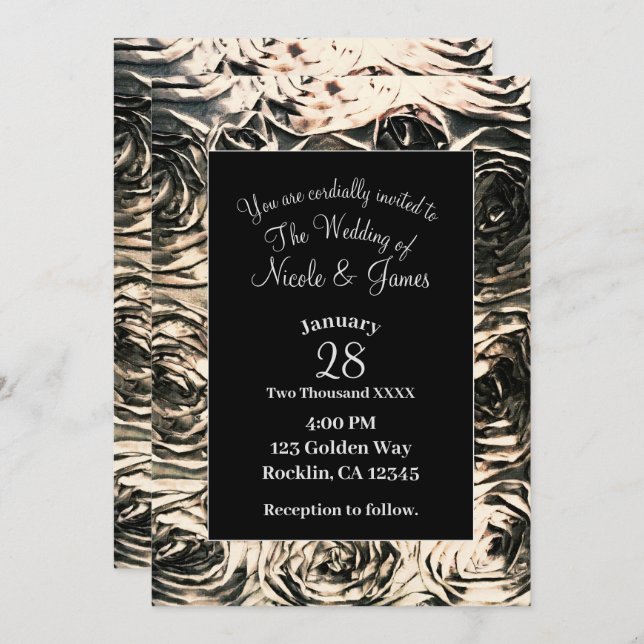 Glamour Roses Gold Bronze Rustic Floral Wedding Invitation (Front/Back)