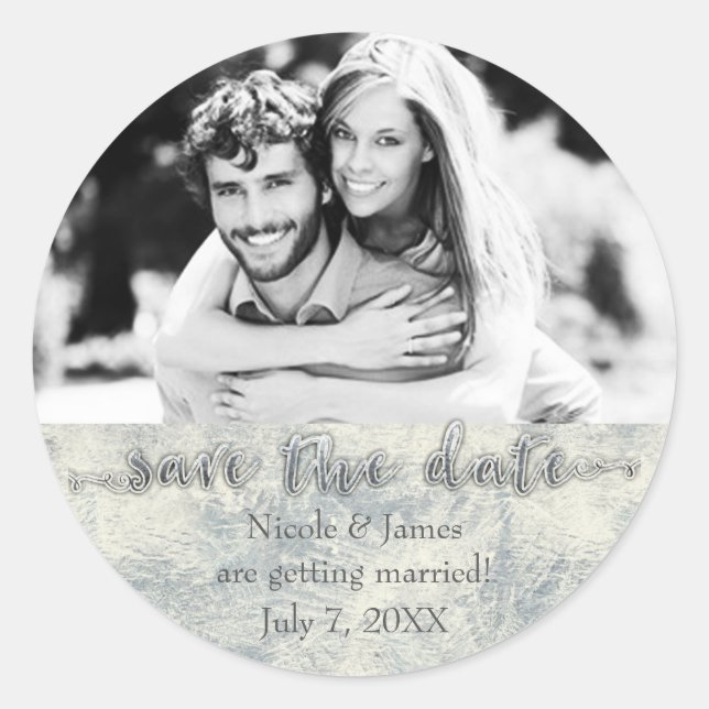 Glamour Silver White Winter Save The Date Photo Classic Round Sticker (Front)