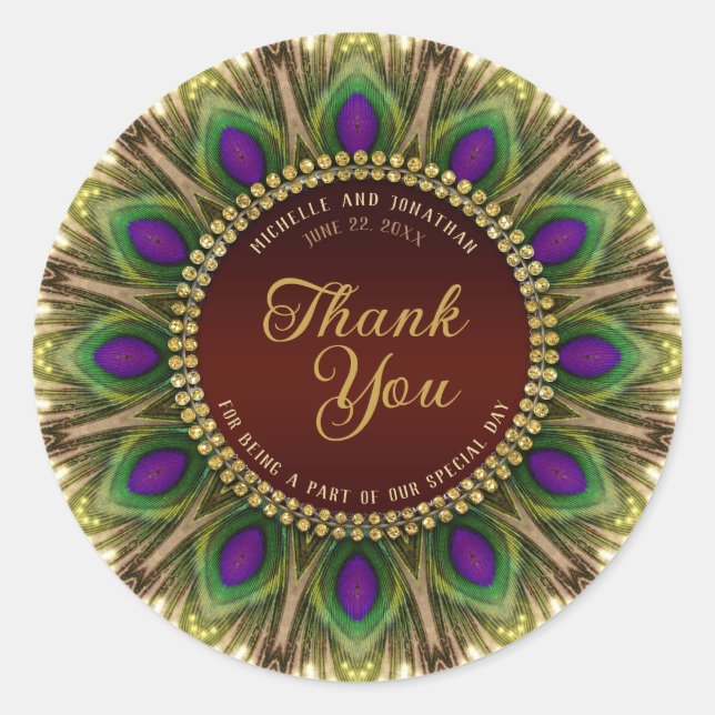 Glamour Stylish Peacock Feather Thank You Classic Round Sticker (Front)