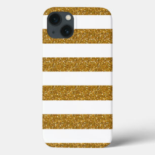 Glamour White Stripes with Gold Glitter Printed iPhone 13 Case