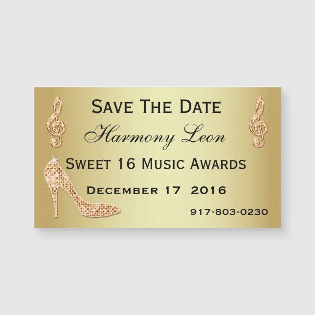 Glamourous 16th Save The Date Gold Stiletto (Front)