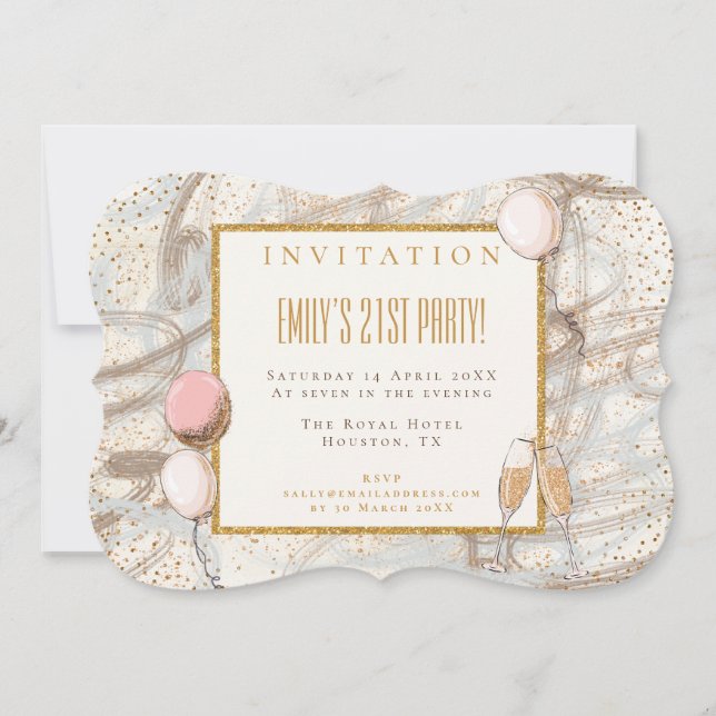 Glamourous 21st Party Gold Confetti Flutes Balloon Invitation (Front)