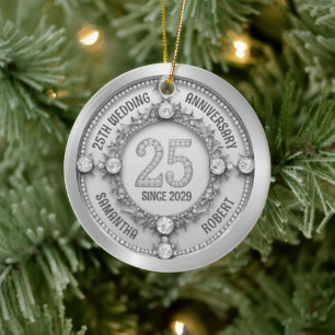 Glamourous 25th Wedding Anniversary Ceramic Tree Decoration