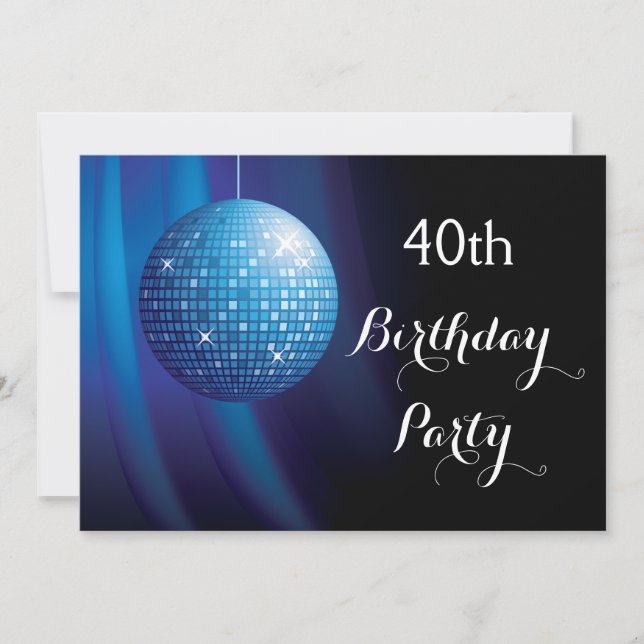 Glamourous 40th Birthday Blue Party Disco Ball Invitation (Front)