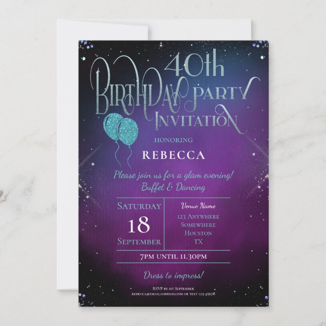 Glamourous 40th Birthday Ornate Script Purple Part Invitation (Front)