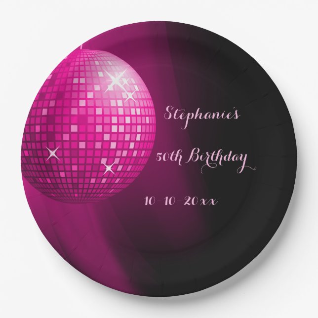 Glamourous 50th Birthday Hot Pink Party Disco Ball Paper Plate (Front)