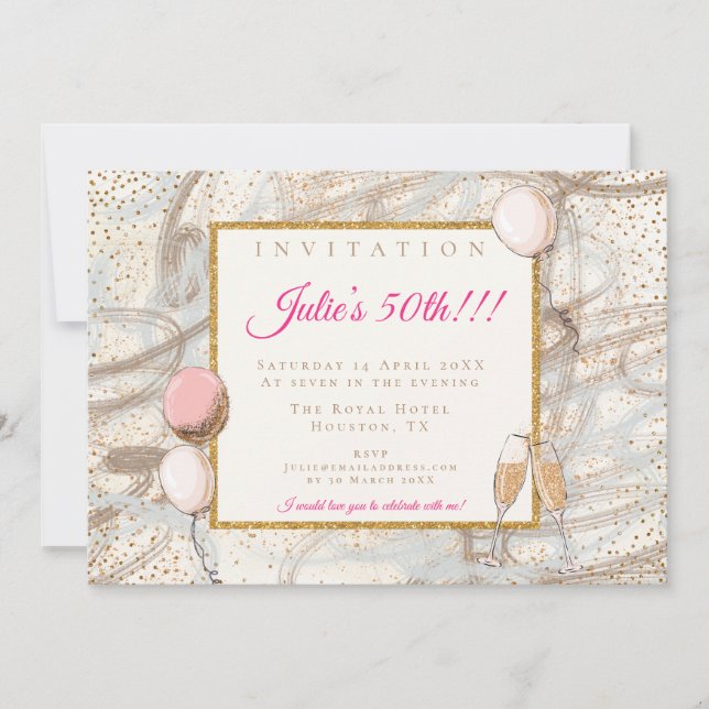 Glamourous 50th Party Gold Confetti Flutes Balloon Invitation (Front)