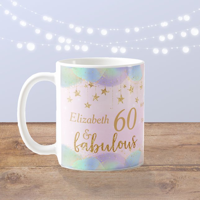 Glamourous 60th Birthday Gold Glitter Coffee Mug (A fabulous 60th birthday design with gold stars balloons and glitter effect wording)