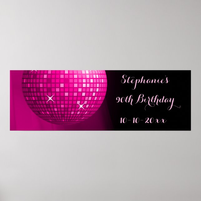 Glamourous 90th Birthday Hot Pink Party Disco Ball Poster (Front)