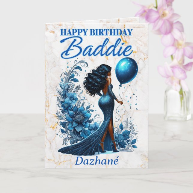 Glamourous African American Woman Blue Birthday Card (Orchid)