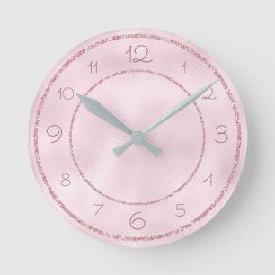 Glamourous and Girly Pink Glitter on Foil Round Clock