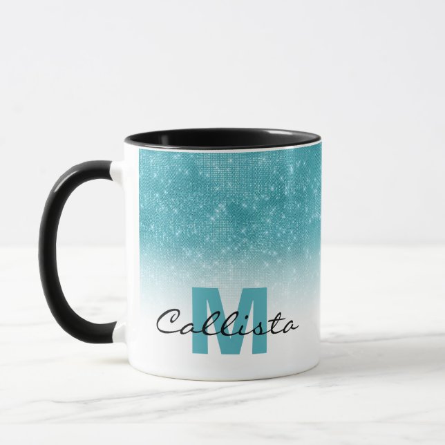 Glamourous Aqua Blue Glitter Sequin Ombre Monogram Mug (Left)