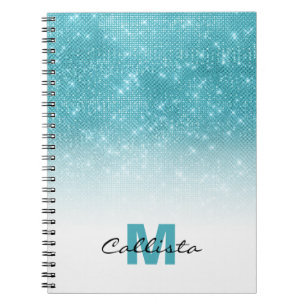 Glamourous Aqua Blue Glitter Sequin Ombre Monogram Notebook