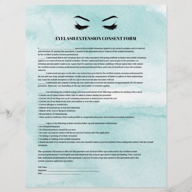 Glamourous Aqua EYELASH EXTENSION CONSENT FORM Flyer (Front)