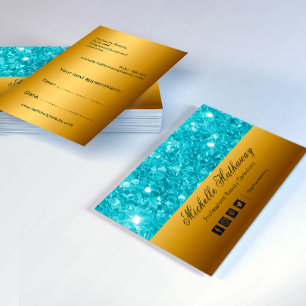 Glamourous Aqua Glitter and Gold Beauty Consultant Business Card