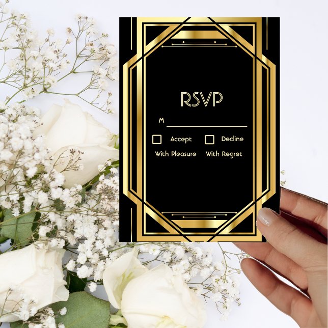 Glamourous Art Deco Gold on Black Vintage RSVP Car Invitation (Creator Uploaded)