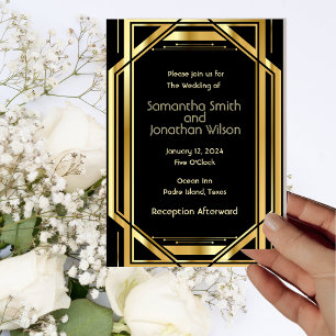 Glamourous Art Deco Gold on Black Vintage Wedding  Invitation