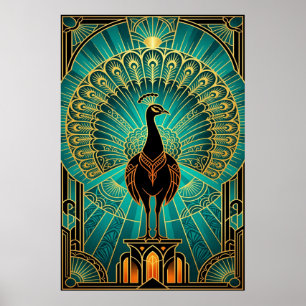 Glamourous Art Deco Peacock Teal & Gold Poster