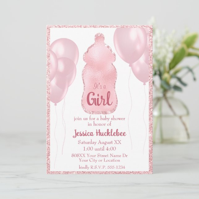 Glamourous Baby Bottle and Balloons Pink Glitter Invitation (Standing Front)