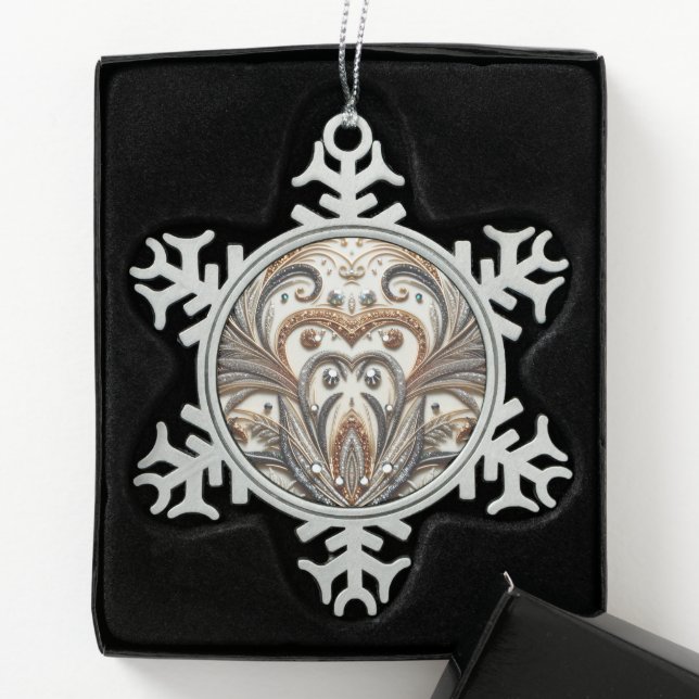 Glamourous Baroque Design with Glitter & Gemstones Snowflake Pewter Christmas Ornament (Box)