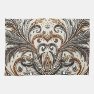 Glamourous Baroque Design with Glitter & Gemstones Tea Towel
