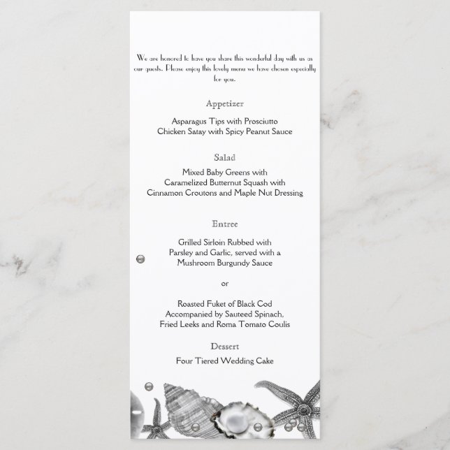 Glamourous Beach in Silver Wedding Menu (Front)