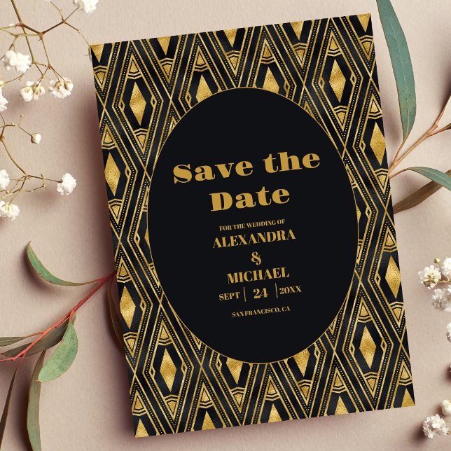 Glamourous Black and Gold Art Deco Wedding  Save The Date (Creator Uploaded)