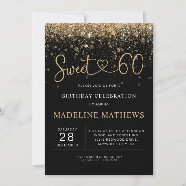 Glamourous Black and Gold Heart Sweet 60 Birthday  Invitation (Front)