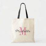 Glamourous black and pink name monogram tote bags<br><div class="desc">Glamourous black and pink name monogram tote bags. Elegant logo design with beautiful monogrammed letter initials. Cute personalised gift idea for bride, flower girls, maid of honour and bridesmaids at wedding party. Classy script typography with chic background letter. Also great for bridal shower or bachelorette party. Beautiful accessories for women...</div>