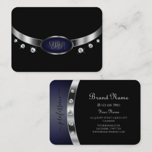 Glamourous Black and Silver with Monogram Diamonds Business Card