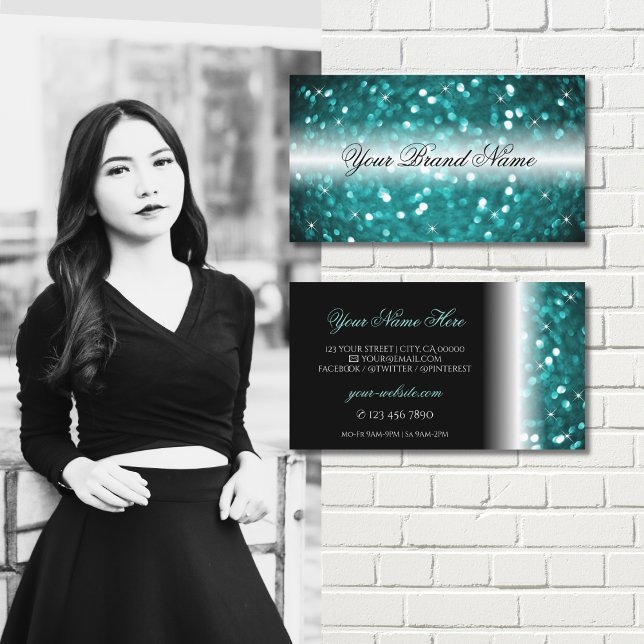 Glamourous Black and Teal Sparkling Glitter Stylis Business Card (Creator Uploaded)