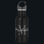 Glamourous black and white custom name monogram 532 ml water bottle<br><div class="desc">Glamourous black and white custom name monogram stainless steel water bottle. Elegant script typography template design with personalised name initial letter. Add your own name, surname, company name, business motto etc. Monogrammed Christmas and Birthday gift idea for friends, family, co workers, employees, colleague, teacher, nurse, boss, personnel, corporate staff etc....</div>