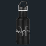 Glamourous black and white custom name monogram 532 ml water bottle<br><div class="desc">Glamourous black and white custom name monogram stainless steel water bottle. Elegant script typography template design with personalised name initial letter. Add your own name, surname, company name, business motto etc. Monogrammed Christmas and Birthday gift idea for friends, family, co workers, employees, colleague, teacher, nurse, boss, personnel, corporate staff etc....</div>