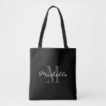 Glamourous black and white monogram tote bag<br><div class="desc">Glamourous black and white monogram tote bag. Stylish monogrammed design with script typograpgy for personalised name. Add your own custom initial letter. Classy party favour gift idea for chic wedding, fancy Birthday, anniversary, bachelorette, engagement, girls weekend, bridal shower etc. Customisable background colour. Trendy accessories for women and girls. Make your...</div>